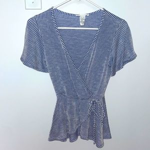 Blue striped shirt, size small, ties in the front